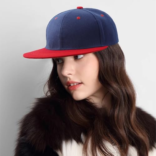 Snapback Hat Flat Bill Visor Hats Adjustable Hip Hop Baseball Cap for Women Men - color: Navy Red