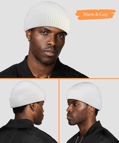 Heniho Wool Fleece Lined Fisherman Beanie for Men, Winter Warm Hats Cuffed Knit Watch Cap Trawler Hat - color: 1pack H- White