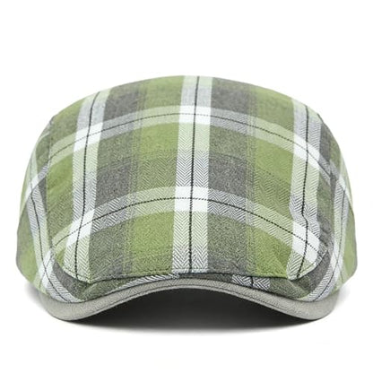 Mens Plaid Newsboy Flat Cap Ivy Gatsby Driving Hunting Cabbie Hat - color: Green-plaid a