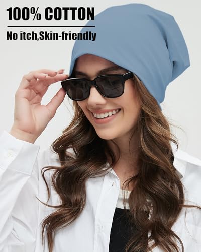 ROYBENS 100% Cotton T-Shirt Beanie for Women Men Slouchy Soft Skull Cap - color: 2pcs-black, Light Blue
