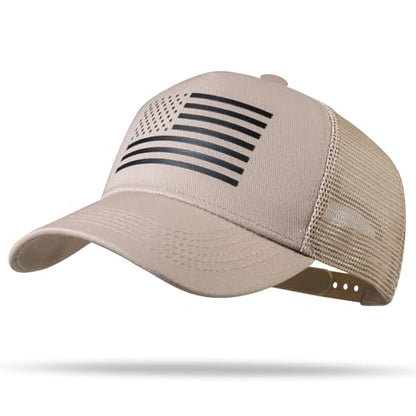 American Flag Trucker Hat - Snapback Hat, Baseball Cap for Men Women - Breathable Mesh Side, Adjustable Fit - for Casual Wear - color: Khaki