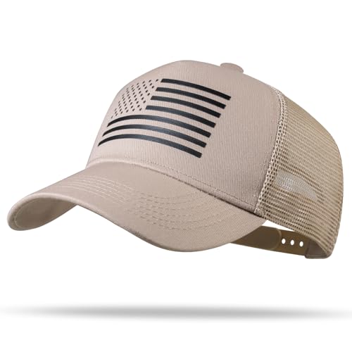 American Flag Trucker Hat - Snapback Hat, Baseball Cap for Men Women - Breathable Mesh Side, Adjustable Fit - for Casual Wear - color: Khaki