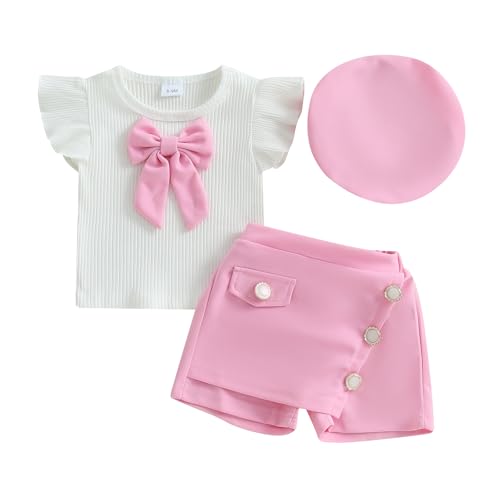 Baby Girls Fly Sleeve 3D Bow Rib Knit Shirt + Irregular Skorts + Beret Hat - color: Pink, size: 9-12 Months