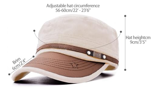 Flat Top Cap for Men Soft Cotton Adjustable Military - color: Khaki