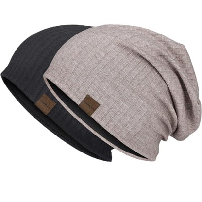 HAMUNI Slouchy Beanie for Men Women Soft Lightweight Chemo Headwear - color: Black+khaki
