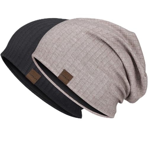 HAMUNI Slouchy Beanie for Men Women Soft Lightweight Chemo Headwear - color: Black+khaki