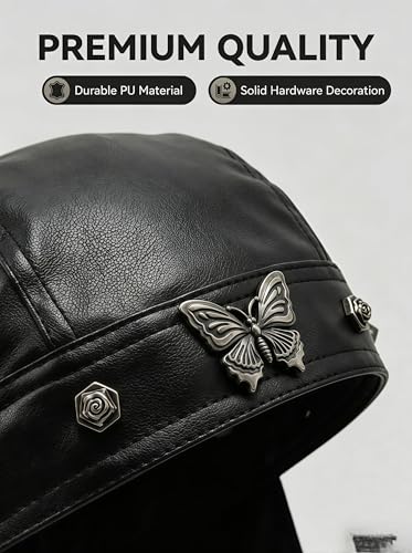 Leather Biker Skull Cap for Women Adjustable Skull Motorcycle Hat with Snug Fit, Stylish Biker Head Wrap & Riding Cap - color: Butterfly