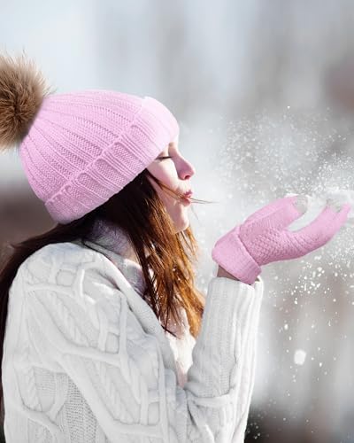 Syhood 4 Pcs Hat and Glove Set Winter Beanie and Glove Set - color: Gray and Pink