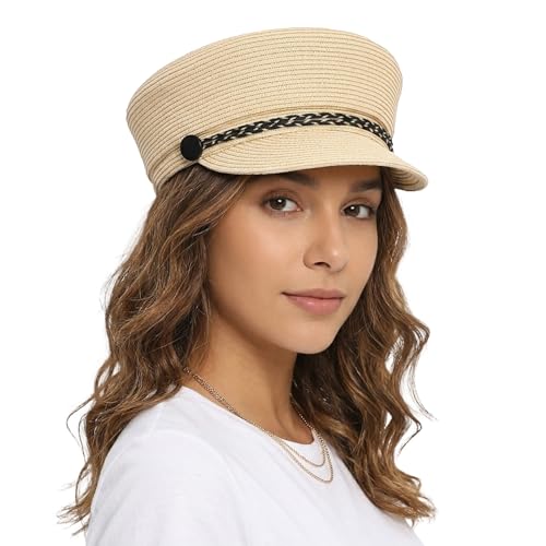 Women's Polyester Straw Newsboy Cap, Gatsby Ivy Style Visor Beach Hat, Adjustable - color: Beige