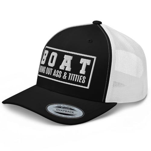 NG Boat Bring Out Ass and Titties Curved Bill Trucker Hat Mid Crown Adjustable Funny Adult Humor Cap - color: Black/ White