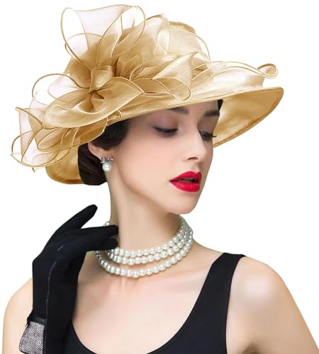 Women's Kentucky Derby Church Dress Hat Wide Brim Leaf Flower Bridal Shower Hat - color: S8 Gold