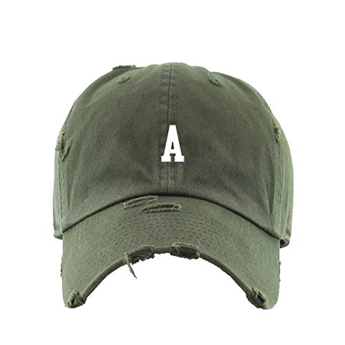 A Initial Letter Vintage Baseball Cap Embroidered Cotton Adjustable Distressed Dad Hat - color: Olive