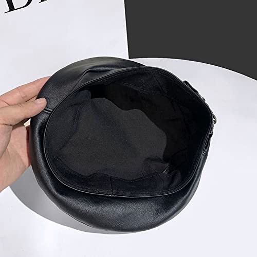 Women's PU Leather French Artist Beret Cap - color: Black