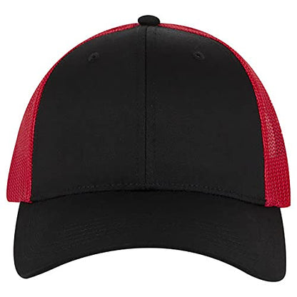 Ashen Fane 6 Panel Blend Twill Structured Low Profile Mesh Back Snapback Trucker Hat - color: Blk/Blk/Red