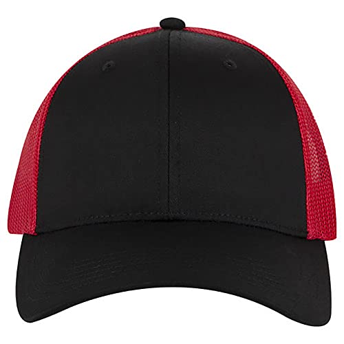 Ashen Fane 6 Panel Blend Twill Structured Low Profile Mesh Back Snapback Trucker Hat - color: Blk/Blk/Red