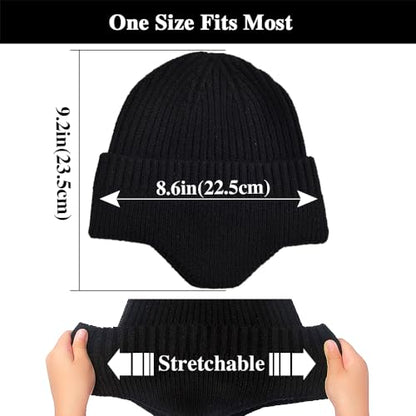 Heniho 2pcs Winter Beanies with Ear Flaps for Men Women, Warm Knit Earflaps Cap Thick Hats - color: G- Black, Beige