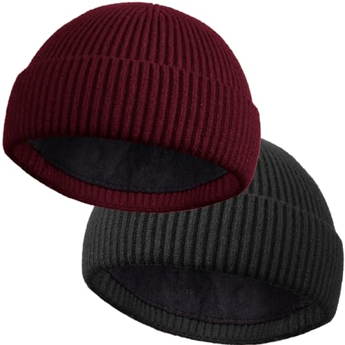 ROYBENS Short Wool Fisherman Beanie for Men Women Knit Fleece Lined Beanies - color: 2pcs-black+wine Red