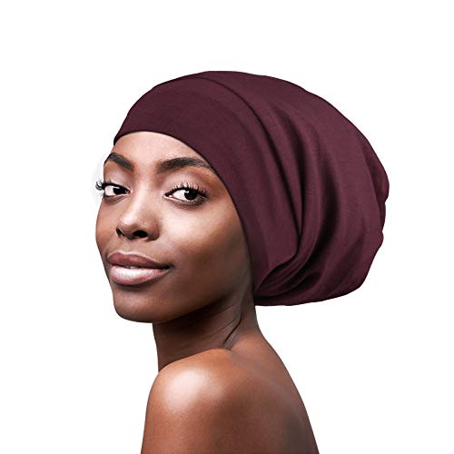 FocusCare Satin Lined Sleep Slouchy Cap Curly Girl Slap Headwear Gifts for Frizzy Hair Women - color: Dark Burgundy Red