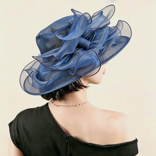 Women's Kentucky Derby Church Dress Hat Wide Brim Leaf Flower Bridal Shower Hat - color: S10 Navy