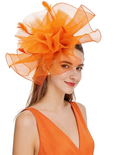 Z&X Sinamay Fascinator Hat Floral Feather Pillbox Derby Hats for Women Wedding Tea Party with Headband Clip - color: 006b Orange