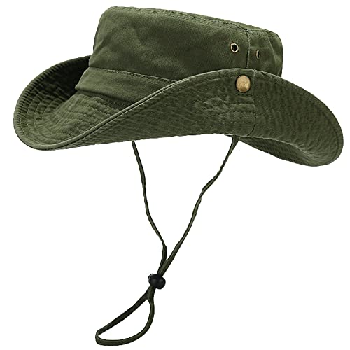 Unisex Cotton Boonie Hat Summer Fishing Bucket Hat Sun Hat with String - color: Solid Army Green