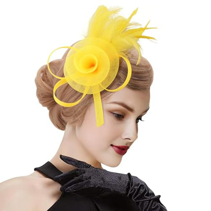DRESHOW Fascinators Hats for Women Tulle Feather Tea Party Fascinator Hats - color: Bright Yellow