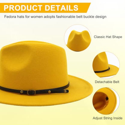 Fedora Hat with Belt Buckle Unisex Classic Felt Wide Brim Panama Hats Adjustable Church Jazz Cap for Women Men - color: Yellow