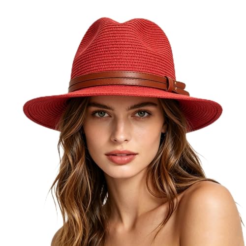 Sun Hat for Women Red Straw Summer Beach Sunhat Packable Foldable Wide Brim UPF 50+ UV Protection Bucket Garden hat