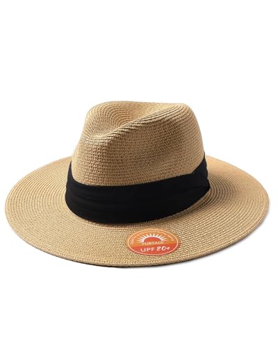 FURTALK Sun Hat Wide Brim Straw Fedora Panama Beach for Men Women - color: Khaki, size: Medium-Large