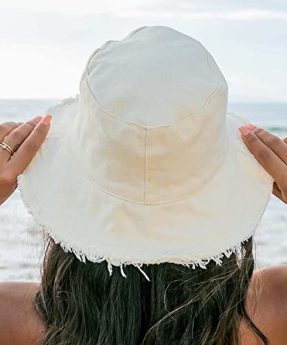 Bucket-Hat-Distressed Sun-Protection Washed-Cotton Beach-Sun-Hat - Summer-Wide-Brim(3.2inch Brim) Beach-Cap(Size:S-M) - color: Beige