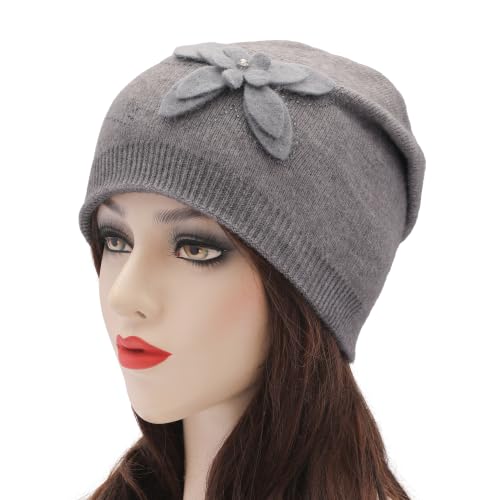 ZLYC Women Floral Slouchy Beanie Hat Double Layer Winter Knit Skull Cap - color: Butterfly Gray