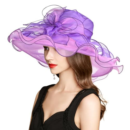2026 Derby Hats for Women Ladies, Classy Organza Sun Hat, Church Tea Party Wedding Kentucky Fascinator Hat - color: 1j-2462-light Purple