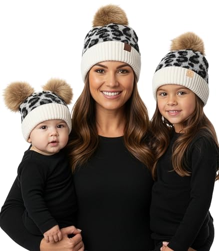 Funky Junque Mommy & Me Double Pom Beanies 3-Pack Matching Winter Hats for Mom, Toddler & Infant Girls, Cozy Knit Family Set - color: Leopard - Ivory