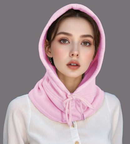 Unisex Sporty Snood Hat with drawstring Hood Scarf Neck Warmer Winter Balaclava Hood - color: Pink