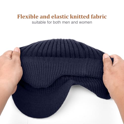 2Pack Men&Women Winter Warm Fleece-Lined Knit Beanie Hats with Brim & Ear Flaps for Cold Weather - color: Black+navy Blue