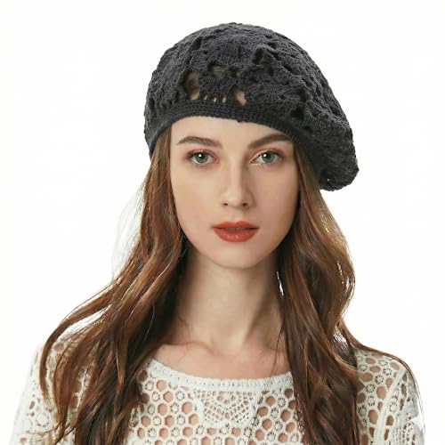 ZLYC Women Cotton Slouchy Crochet Beret Handmade Cutout Floral Beanie Hat - color: Floral Gray