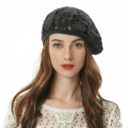 ZLYC Women Cotton Slouchy Crochet Beret Handmade Cutout Floral Beanie Hat - color: Floral Gray