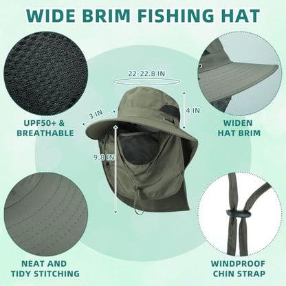 Cuffbow 3 Pcs Sun Hat for Men Women with Neck Flap Breathable Wide Brim Bucket Hat UV Protection UPF 50+ Fishing Hiking - color: Black, Dark Gray, Army Green
