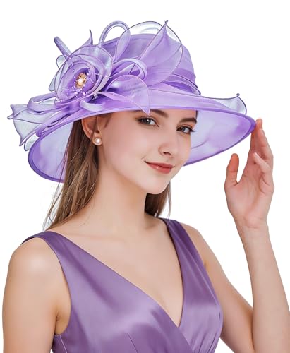 Z&X Organza Church Fascinator Wedding Tea Party Derby Hats for Women Flower Wide Brim Sun Hats - color: 022 Purple