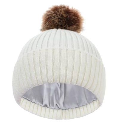 LiuSuper Kids Winter Hat, Girls Beanies 7-14, Satin Lined Beanie for Girls, Pom Pom Silk Lined Cuffed Beanie - color: White