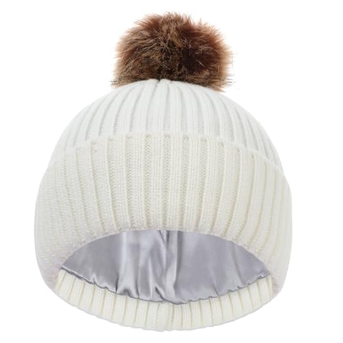 LiuSuper Kids Winter Hat, Girls Beanies 7-14, Satin Lined Beanie for Girls, Pom Pom Silk Lined Cuffed Beanie - color: White