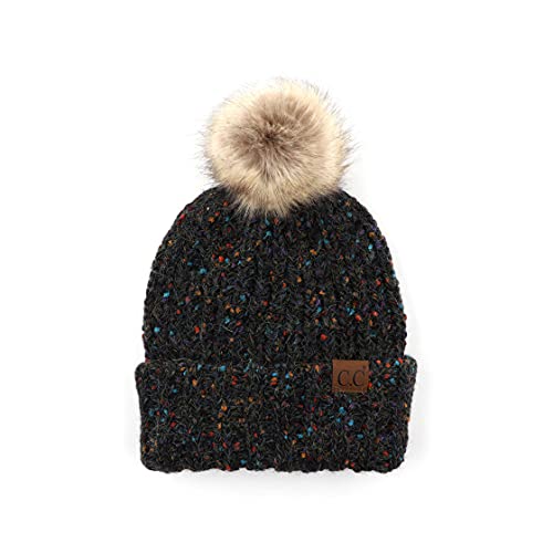 C.C Exclusives Fuzzy Lined Knit Fur Pom Beanie Hat (YJ-820) - color: A Confetti Mohair Ribbed-black