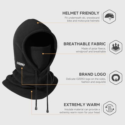 OZERO Face Balaclava Ski Mask: Windproof Thermal Convertible for Men Women - color: Black