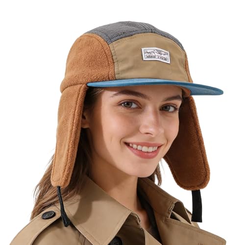 Retro Patchwork Polar Fleece Trapper Hat with Visor, Warm Winter Earflap Cap Flat Brim 5 Panel Baseball Ushanka Hats - color: Mg-lfm25128-camel