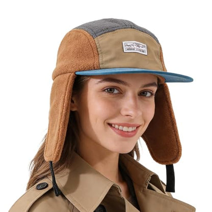 Retro Patchwork Polar Fleece Trapper Hat with Visor, Warm Winter Earflap Cap Flat Brim 5 Panel Baseball Ushanka Hats - color: Mg-lfm25128-camel