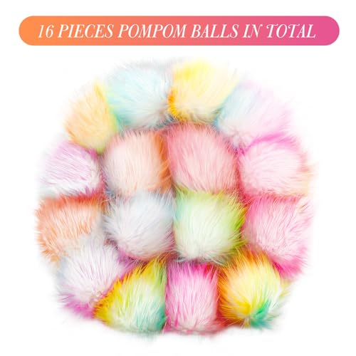 Tatuo 16 Pcs Faux Fur Pom Poms for Hats, Rainbow Color - color: Rainbow Color