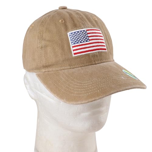 Falari USA Flag Embroidered Baseball Cap, Low Profile Adjustable Dad Hat, 100% Cotton, Pre-Washed - color: Khaki
