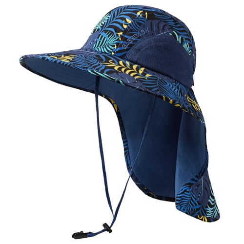 BASSDASH UPF 50+ Unisex Water Resistant Wide Brim Sun Hat with Large Neck Flap Ponytail Fishing Hat for Men Women - color: Colorful Leaves/Dark Blue