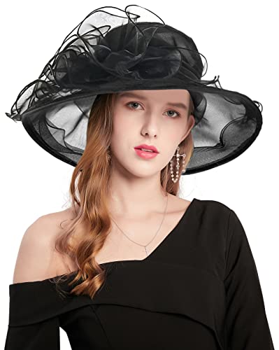 Z&X Organza Church Fascinator Wedding Tea Party Derby Hats for Women Flower Wide Brim Sun Hats - color: 034 Black