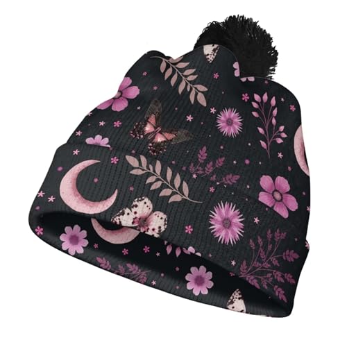 Cute Winter Hats for Women Cold Weather Knit Beanies for Women with Pom Pom - color: Gothic Moon Star Butterfly and Floral-purple